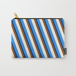 [ Thumbnail: Brown, Mint Cream, Blue, and Black Colored Pattern of Stripes Carry-All Pouch ]