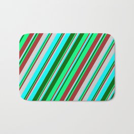 [ Thumbnail: Colorful Brown, Light Grey, Cyan, Dark Green, and Green Colored Stripes Pattern Bath Mat ]