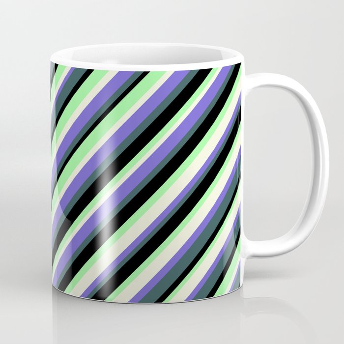 Colorful Beige, Slate Blue, Dark Slate Gray, Black & Green Colored Lined/Striped Pattern Coffee Mug