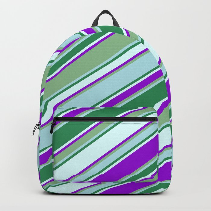 Vibrant Dark Sea Green, Powder Blue, Sea Green, Light Cyan & Dark Violet Colored Lines Pattern Backpack