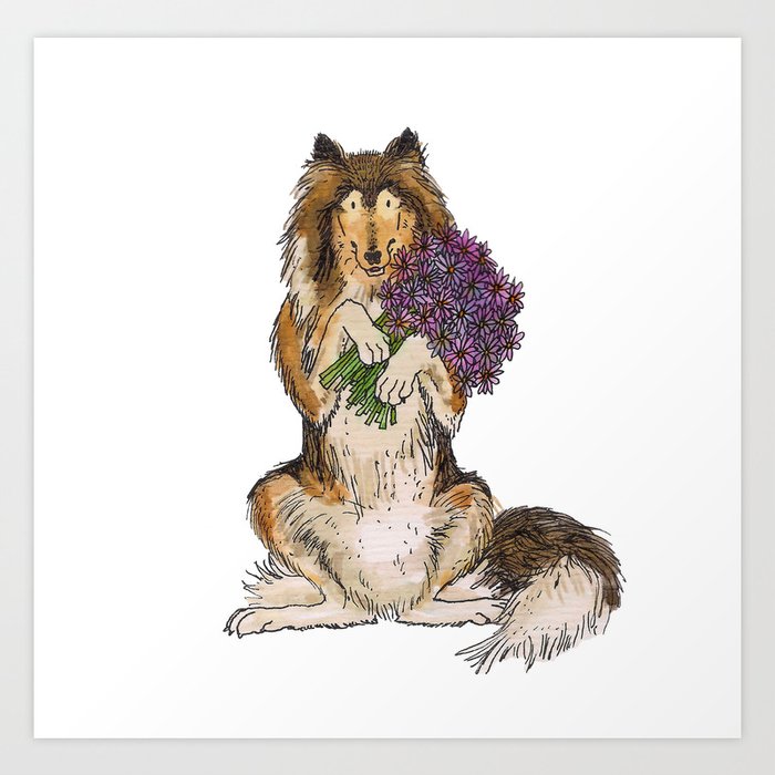 Collie with Flowers Art Print