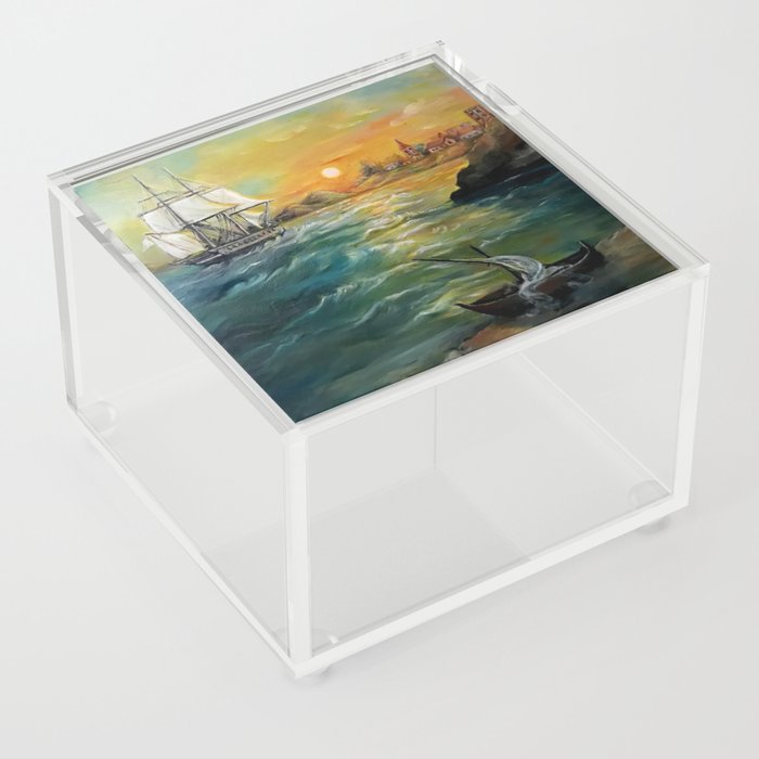 Vintage boath at the harbor painting Acrylic Box
