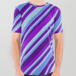 [ Thumbnail: Indigo, Dark Violet, Light Blue & Cornflower Blue Colored Lined Pattern All Over Graphic Tee ]