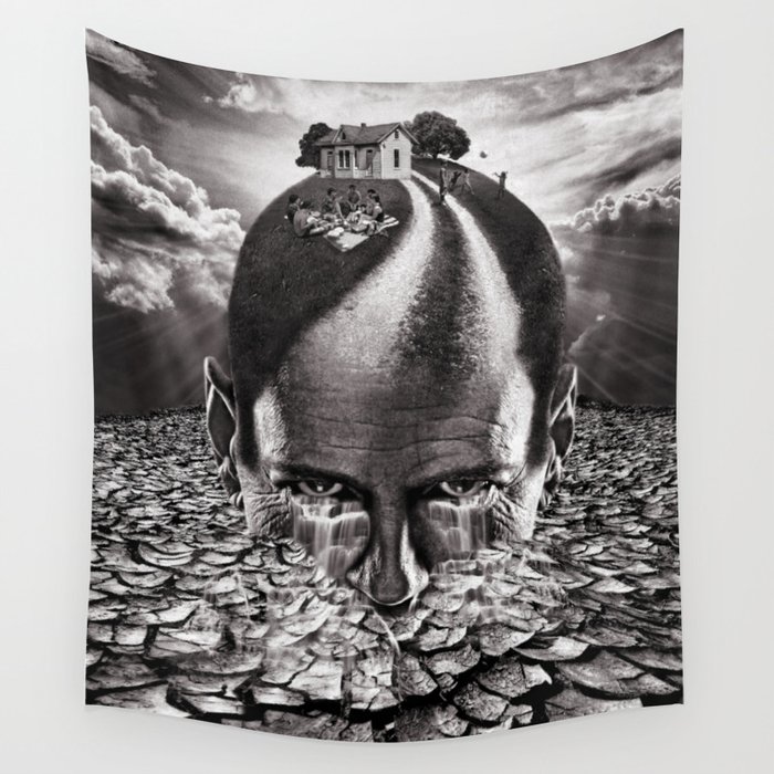 Inhabited Head Grayscale Wall Tapestry