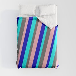 [ Thumbnail: Cyan, Dim Gray, Light Pink & Blue Colored Striped Pattern Duvet Cover ]