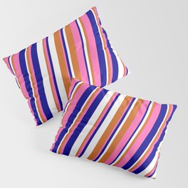 [ Thumbnail: Hot Pink, Dark Blue, White, and Chocolate Colored Lines Pattern Pillow Sham ]