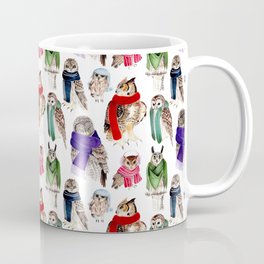 Winter Owls with Scarves on White Mug
