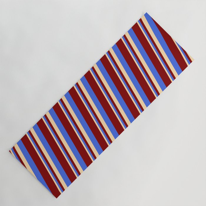Tan, Royal Blue, and Maroon Colored Lines Pattern Yoga Mat