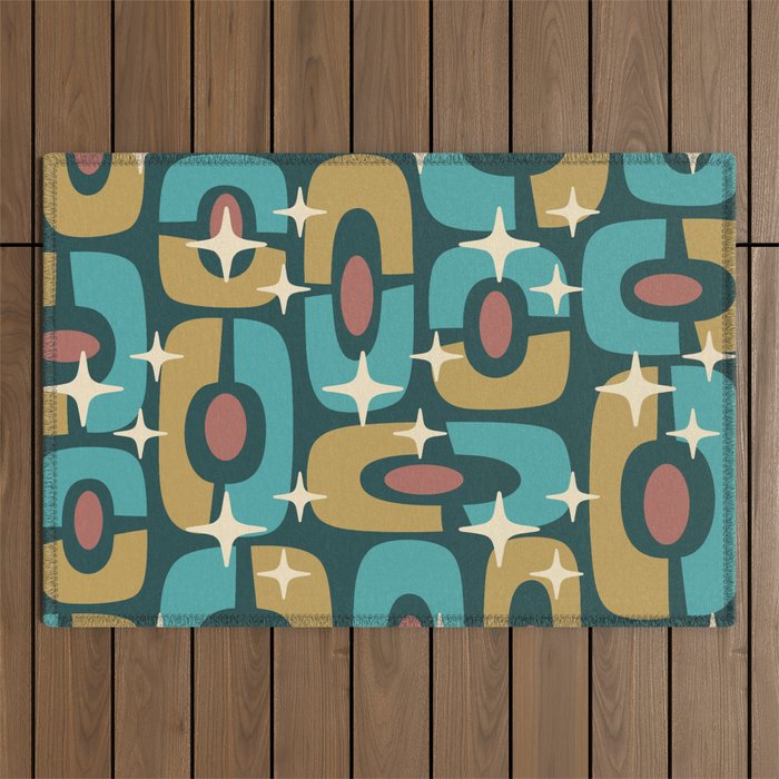 Mid Century Modern Cosmic Abstract 141 Teal Turquoise Gold and Brown Outdoor Rug