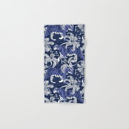 Tigers in a tiger lily garden // textured navy blue background very peri wild animals light grey flowers Hand & Bath Towel