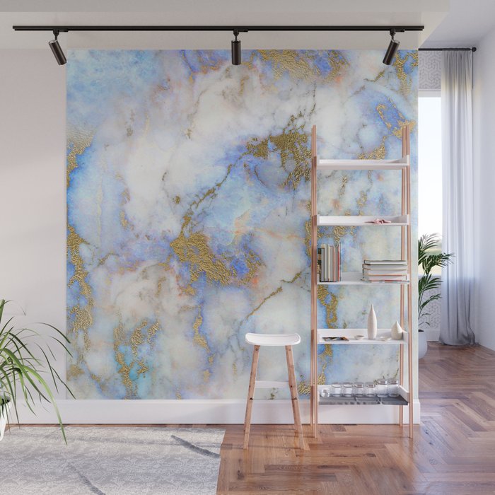 Pastel Blue Translucent (Faux) Marble With Gold-Colored Veins Wall