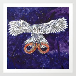 Owl & Snake Art Print | Snowowl, Snowyowl, Owlandsnake, Wisdom, Painting, Symbolism, Spiritual, Flyingowl, Omen, Watercolor 