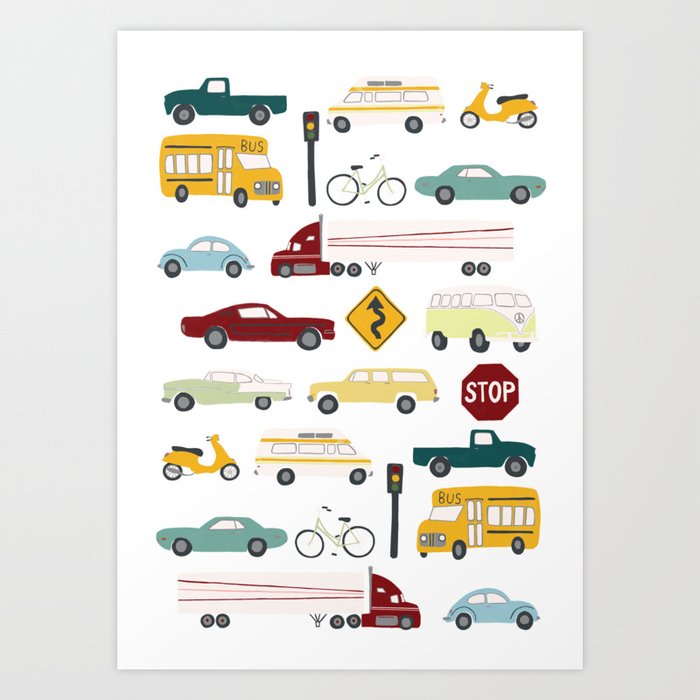 Beep Beep! Cars and Trucks Traffic Pattern Art Print