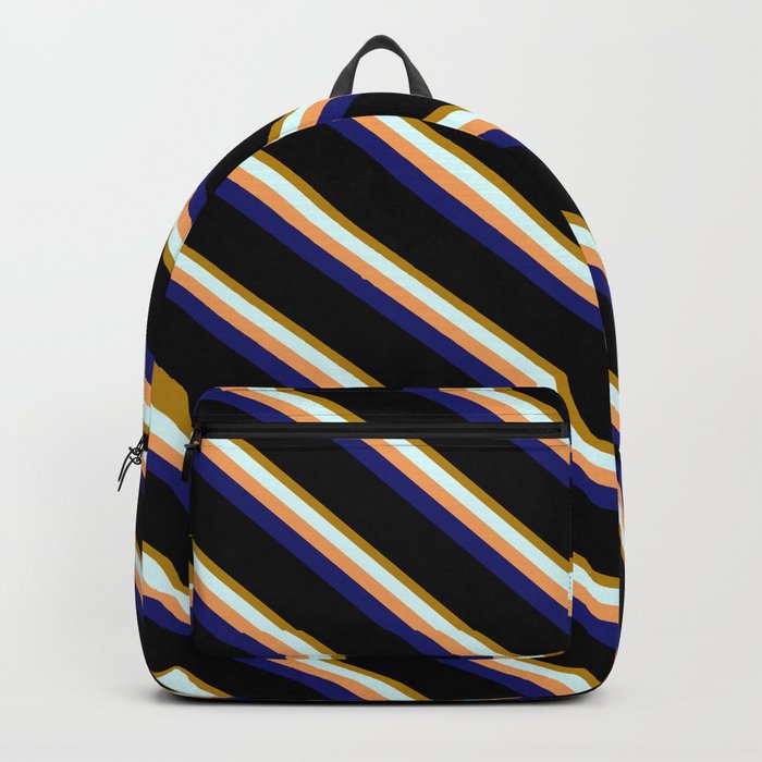 Vibrant Dark Goldenrod, Light Cyan, Brown, Midnight Blue & Black Colored Stripes/Lines Pattern Backpack
