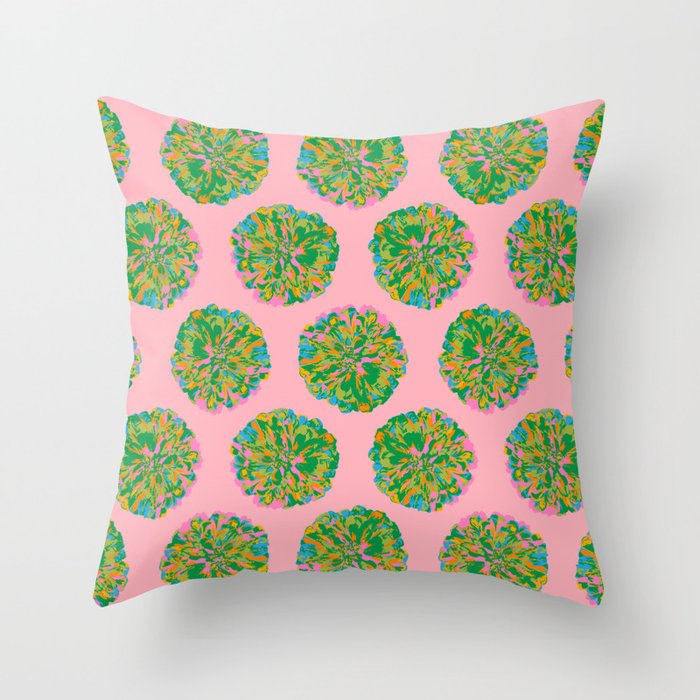 CHRYSANTHEMUMS Abstract Polka Dot Floral Summer Bright Botanical in Green Pink Blue on Blush - UnBlink Studio by Jackie Tahara Throw Pillow