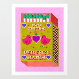 2 Chicks Perfect Match Vintage Matchbox Green & Pink Palette Art Print