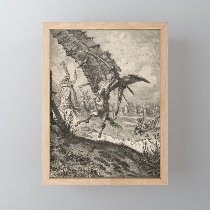 Don Quixote Fightinh With The Giant Windmills - Old Book Plate by Gustave Dore Framed Mini Art Print