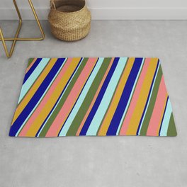 [ Thumbnail: Colorful Dark Olive Green, Light Coral, Goldenrod, Dark Blue, and Turquoise Colored Lined Pattern Rug ]