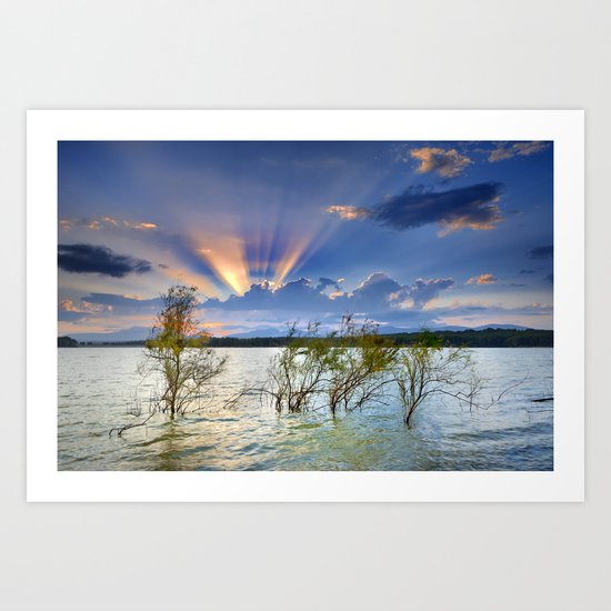 "Sunrays at the lake at sunset" Art Print