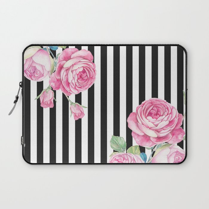 Black white blush pink watercolor floral stripes Laptop Sleeve