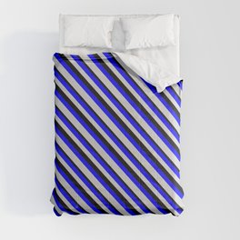 [ Thumbnail: Blue, Light Grey & Black Colored Lines/Stripes Pattern Comforter ]