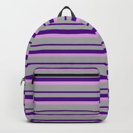 [ Thumbnail: Dark Grey, Indigo, and Plum Colored Lined/Striped Pattern Backpack ]