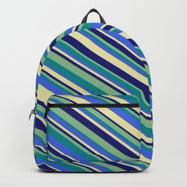 [ Thumbnail: Dark Sea Green, Dark Cyan, Royal Blue, Pale Goldenrod, and Midnight Blue Colored Stripes Pattern Backpack ]