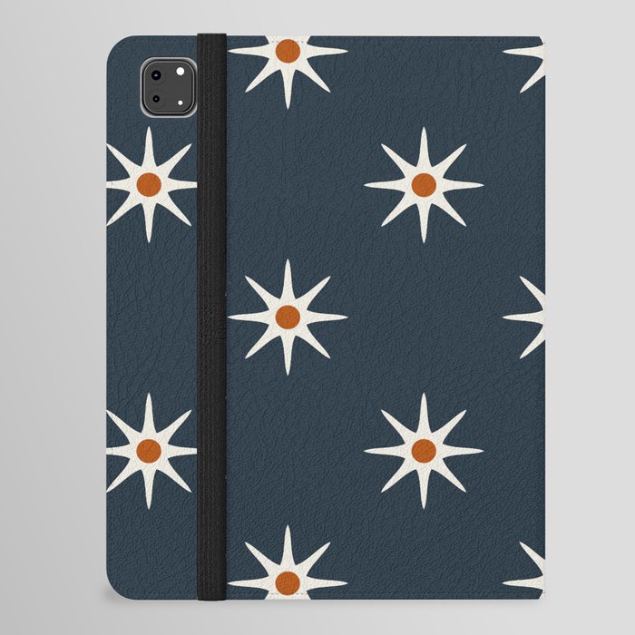 Atomic mid century retro star flower pattern in navy background iPad Folio Case