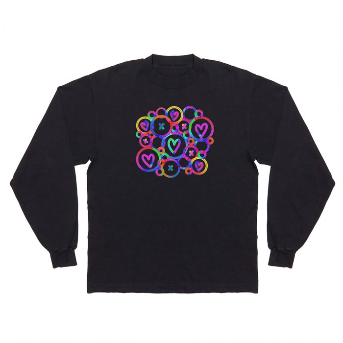 Funky neon rainbow gradient circles pattern with hearts and x shapes Long Sleeve T Shirt