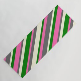 [ Thumbnail: Hot Pink, Dim Gray, Beige, and Green Colored Stripes Pattern Yoga Mat ]