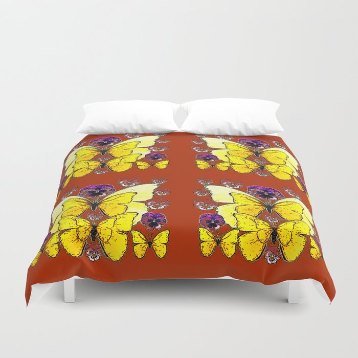 Rust Colored Yellow Butterfly Pansy Floral Duvet Cover By