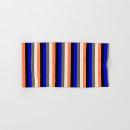 [ Thumbnail: Vibrant Dim Gray, Beige, Coral, Black & Blue Colored Stripes Pattern Hand & Bath Towel ]