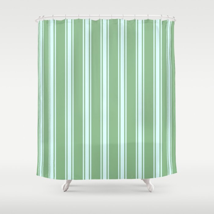 Dark Sea Green and Light Cyan Colored Pattern of Stripes Shower Curtain