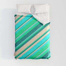 [ Thumbnail: Green, Dark Cyan, Bisque, and Aqua Colored Pattern of Stripes Comforter ]