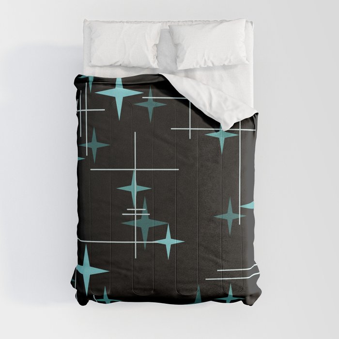 Mid Century Modern Stars Black Teal Comforter