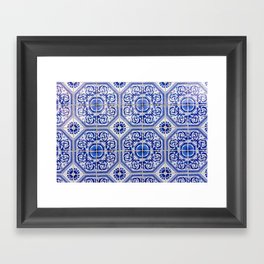 Close-up of blue and white ceramic wall tiles in Tavira, Portugal Framed Art Print