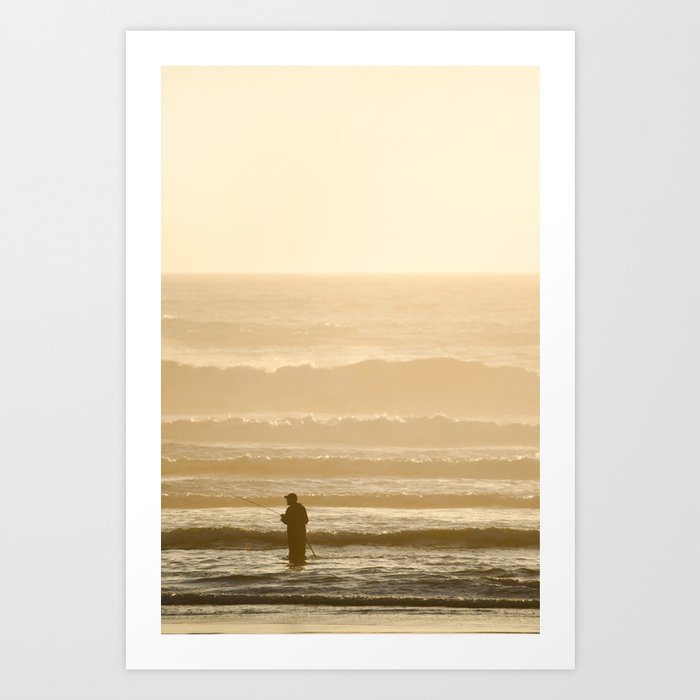 Surf Beach Fishing Fisherman Sunset Pacific Ocean Northwest Washington Oregon Alaska Fish Nautical Boat Waves Man Boathouse Marina Hotel  Art Print