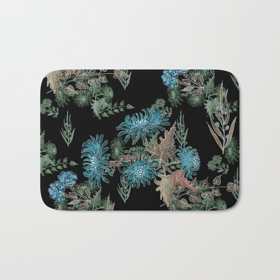 Blue chrysanthemums. Black . Watercolor . Bath Mat