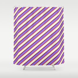 [ Thumbnail: Purple, Crimson, Beige, and Maroon Colored Lined/Striped Pattern Shower Curtain ]
