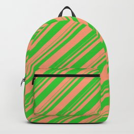 [ Thumbnail: Lime Green & Light Salmon Colored Striped/Lined Pattern Backpack ]