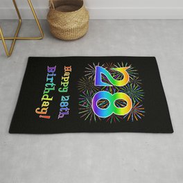 [ Thumbnail: 28th Birthday - Fun Rainbow Spectrum Gradient Pattern Text, Bursting Fireworks Inspired Background Rug ]