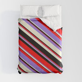 [ Thumbnail: Red, Purple, Beige & Black Colored Pattern of Stripes Duvet Cover ]