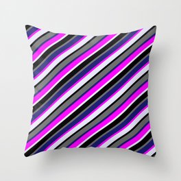 [ Thumbnail: Colorful Fuchsia, Lavender, Black, Dim Grey & Midnight Blue Colored Stripes/Lines Pattern Throw Pillow ]