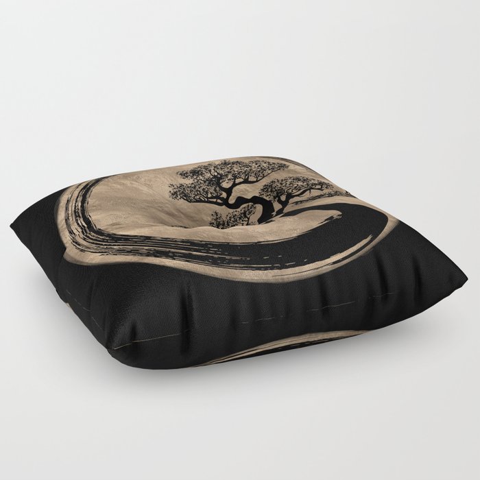 Enso Zen Circle and Bonsai Tree Gold Floor Pillow