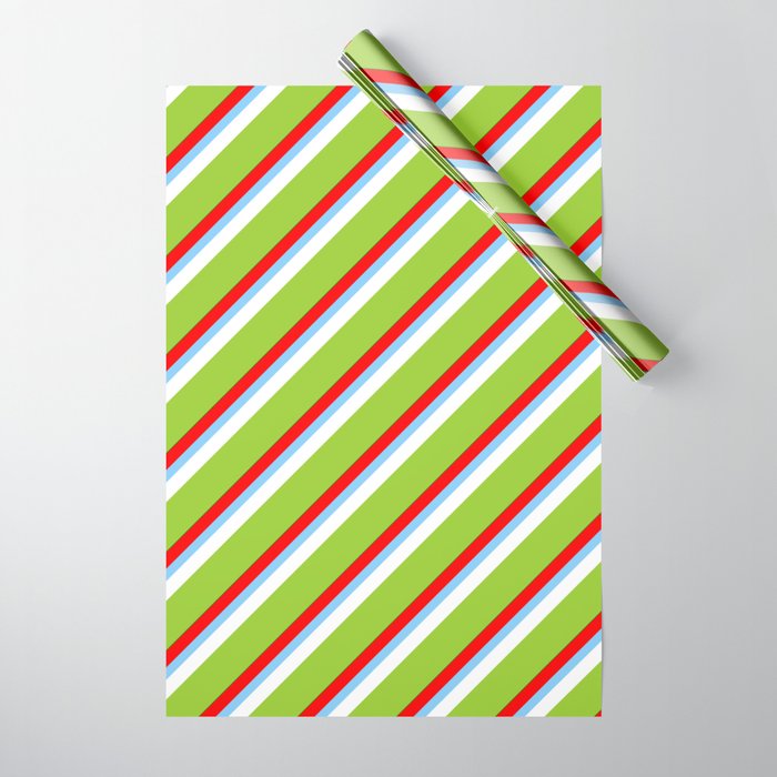 Colorful Red, Light Sky Blue, White, Green, and Dark Green Colored Stripes Pattern Wrapping Paper