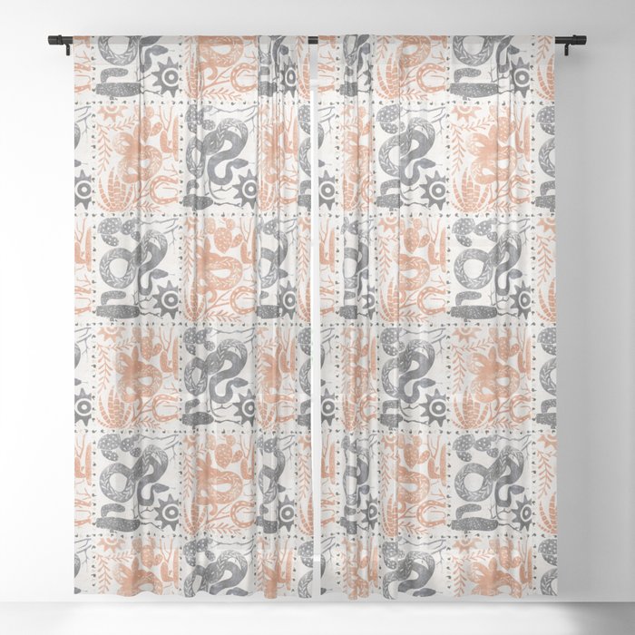 Sandy Orange Desert Block Print Sheer Curtain