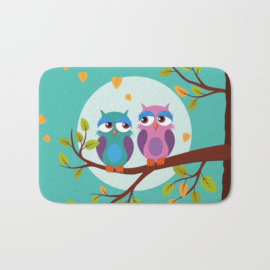 Sleepy owls in love Bath Mat