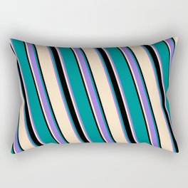[ Thumbnail: Bisque, Black, Dark Cyan, and Purple Colored Striped Pattern Rectangular Pillow ]
