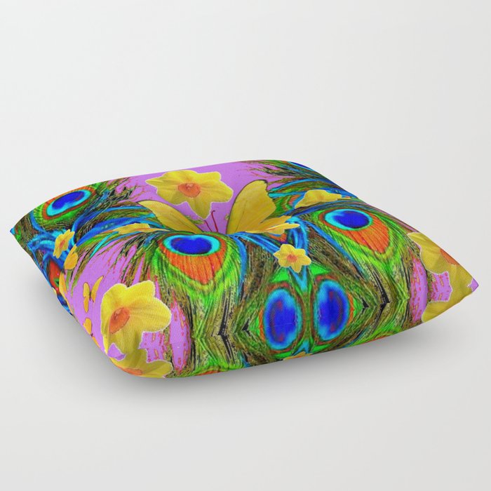  SPRING MELODY DAFFODILS BUTTERFLIES PEACOCK FEATHERS PATTERN  ART   Floor Pillow