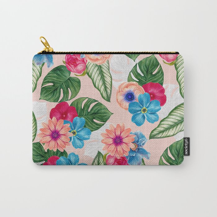 Blush Pink and Blue Watercolor Jungle Flowers Carry-All Pouch